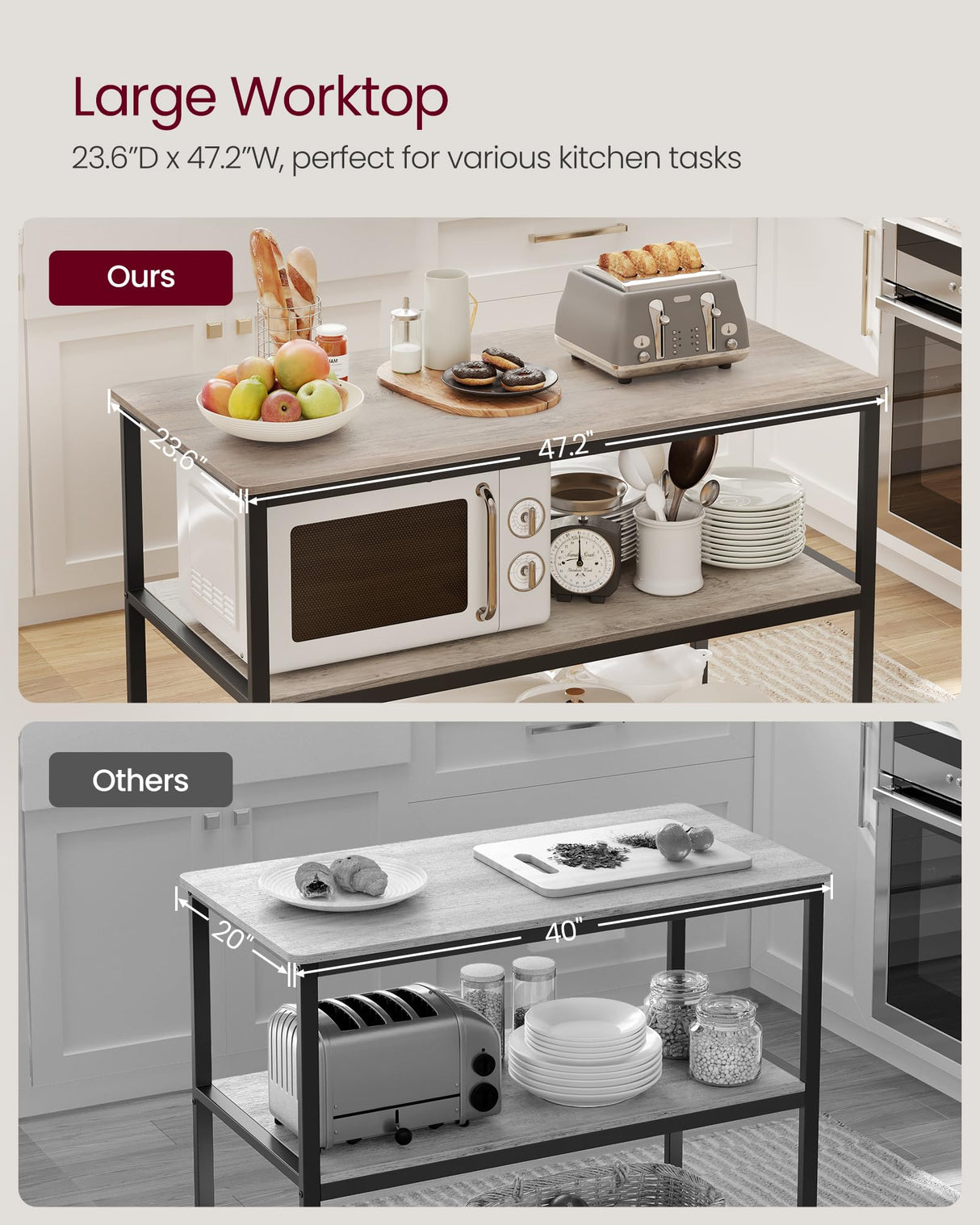 Kitchen Island with 3 Shelves, 47.2 Inches Kitchen Shelf with Large Worktop, Stable Steel Structure, Industrial, Easy to Assemble, Greige and Black