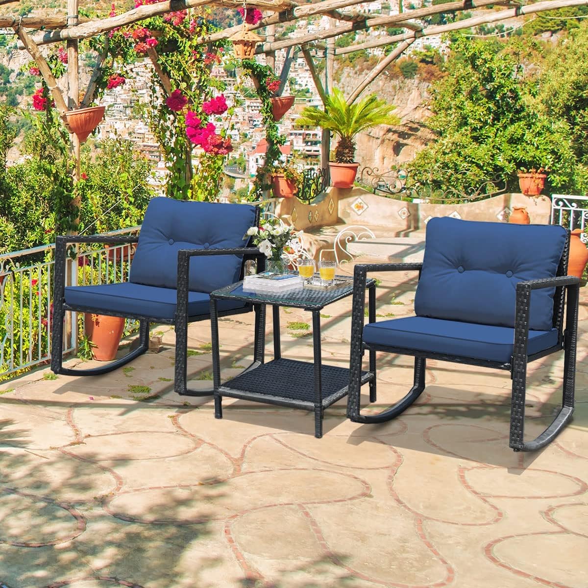 3-Piece Navy Rattan Rocking Chair & Glass Table Set