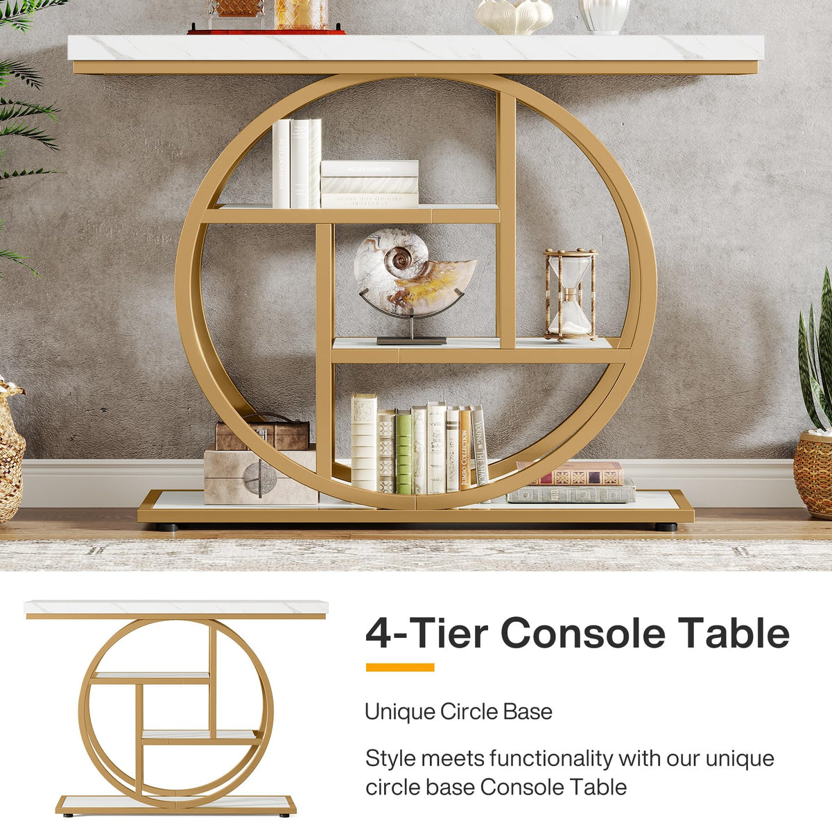 105 cm 4-Tier Industrial Console Table – White & Gold