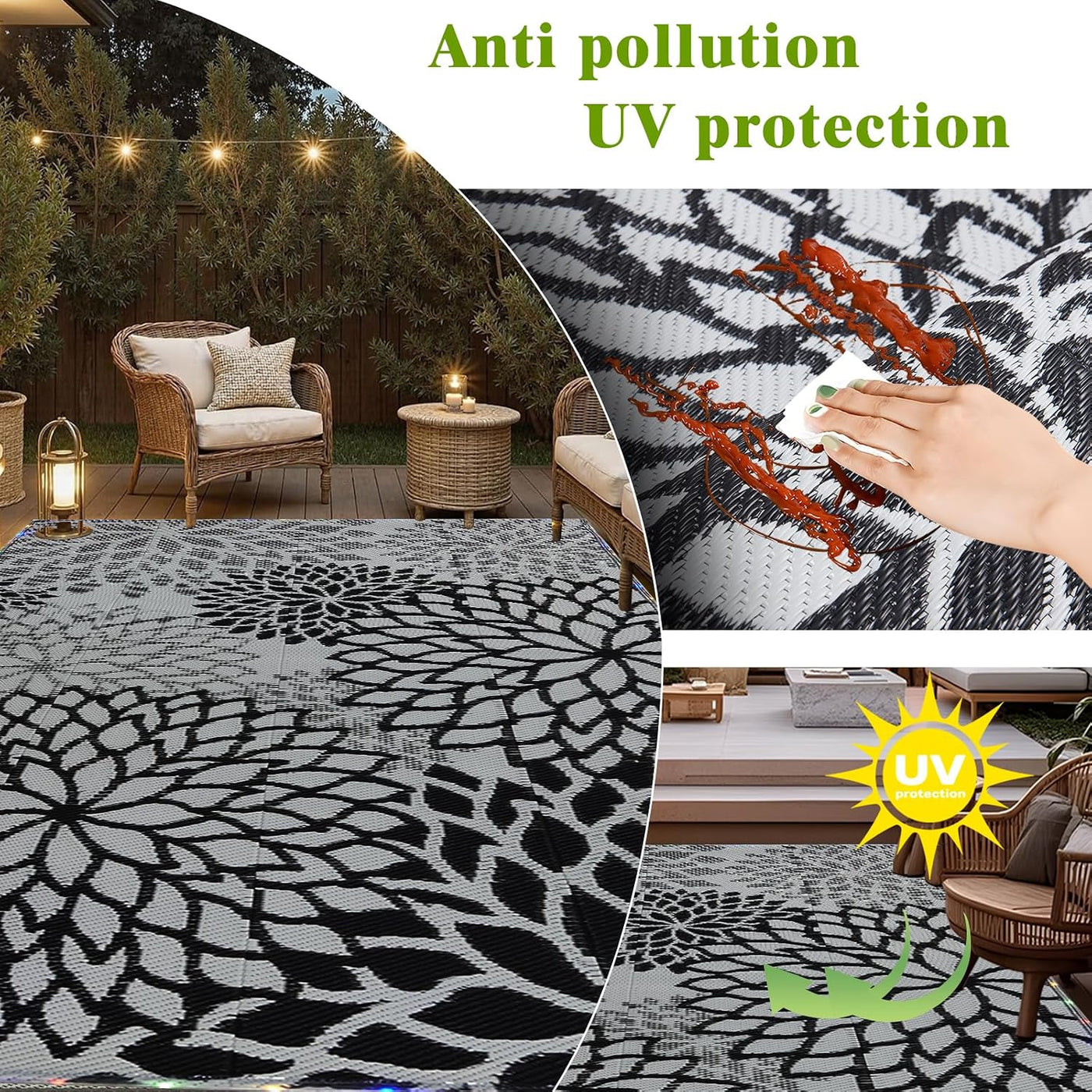 LED Outdoor Rug 274x365cm Waterproof with Light, Reversible Outdoor Plastic Straw Rug for Patios Clearance, Outdoor Area Rug Carpet RV Mat for Camping Backyard Deck Porch