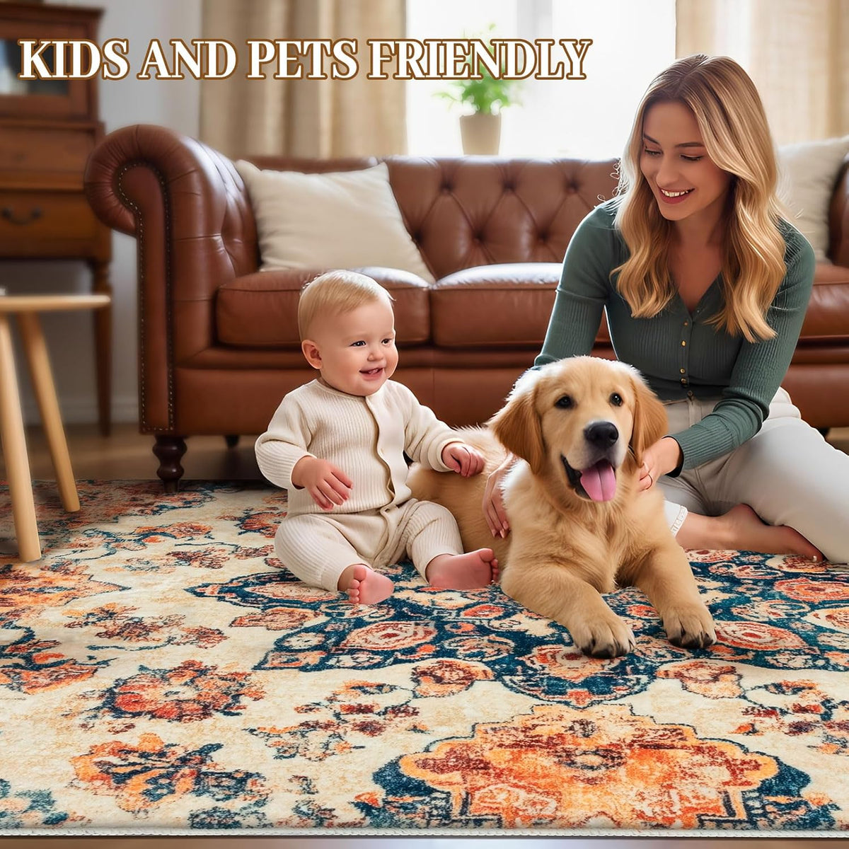 Caramel-Beige Vintage Washable Indoor Area Rug