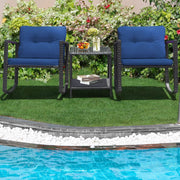 3-Piece Navy Rattan Rocking Chair & Glass Table Set
