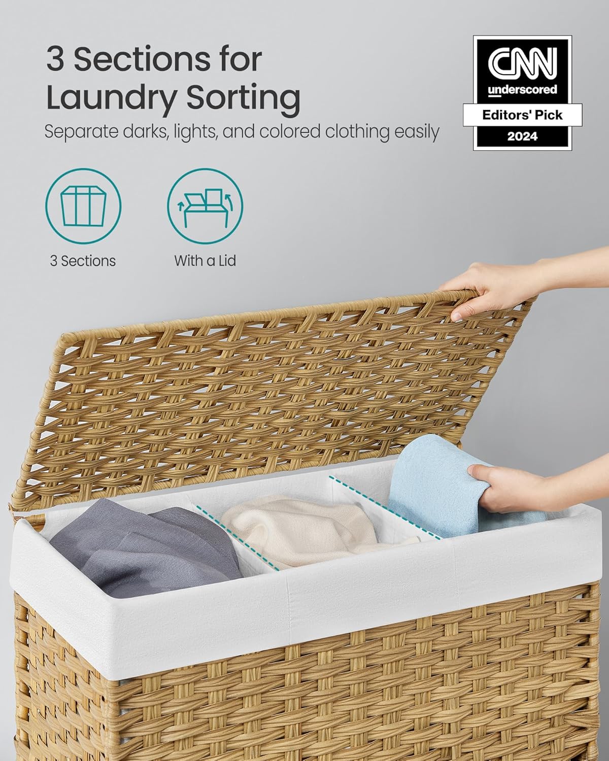 160 L Rolling 3-Section Laundry Hamper with Lid