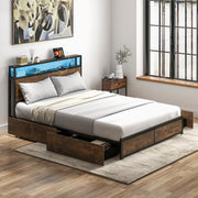 Queen Metal Platform Bed with RGB Headboard, Charging & 4 Drawers