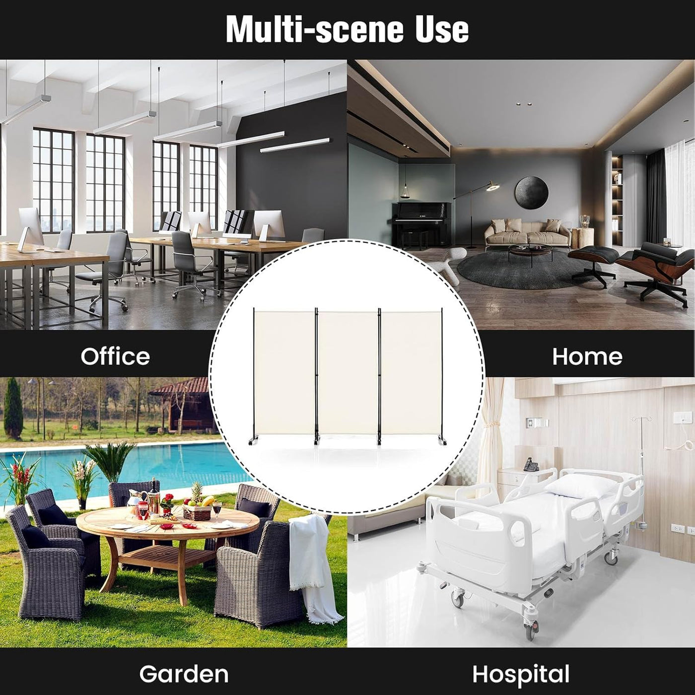 180cm Rolling 3-Panel Room Divider – Black or White Star