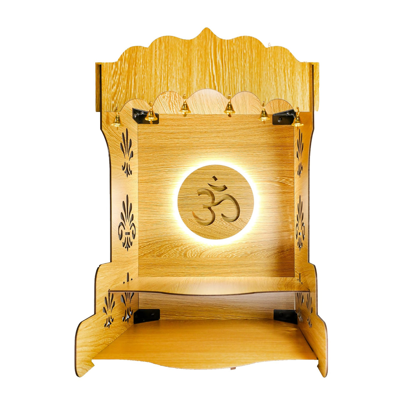 Wooden Pooja Temple for Home/Office – Elegant Pooja Mandir with Inbuilt Om Symbol LED Light & Storage – Beautiful Pooja Temple