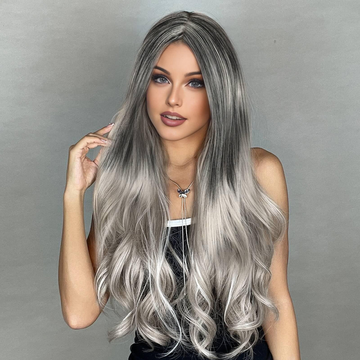 24-Inch Glueless Wavy Synthetic Wig – Silver Grey