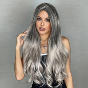 24-Inch Glueless Wavy Synthetic Wig – Silver Grey