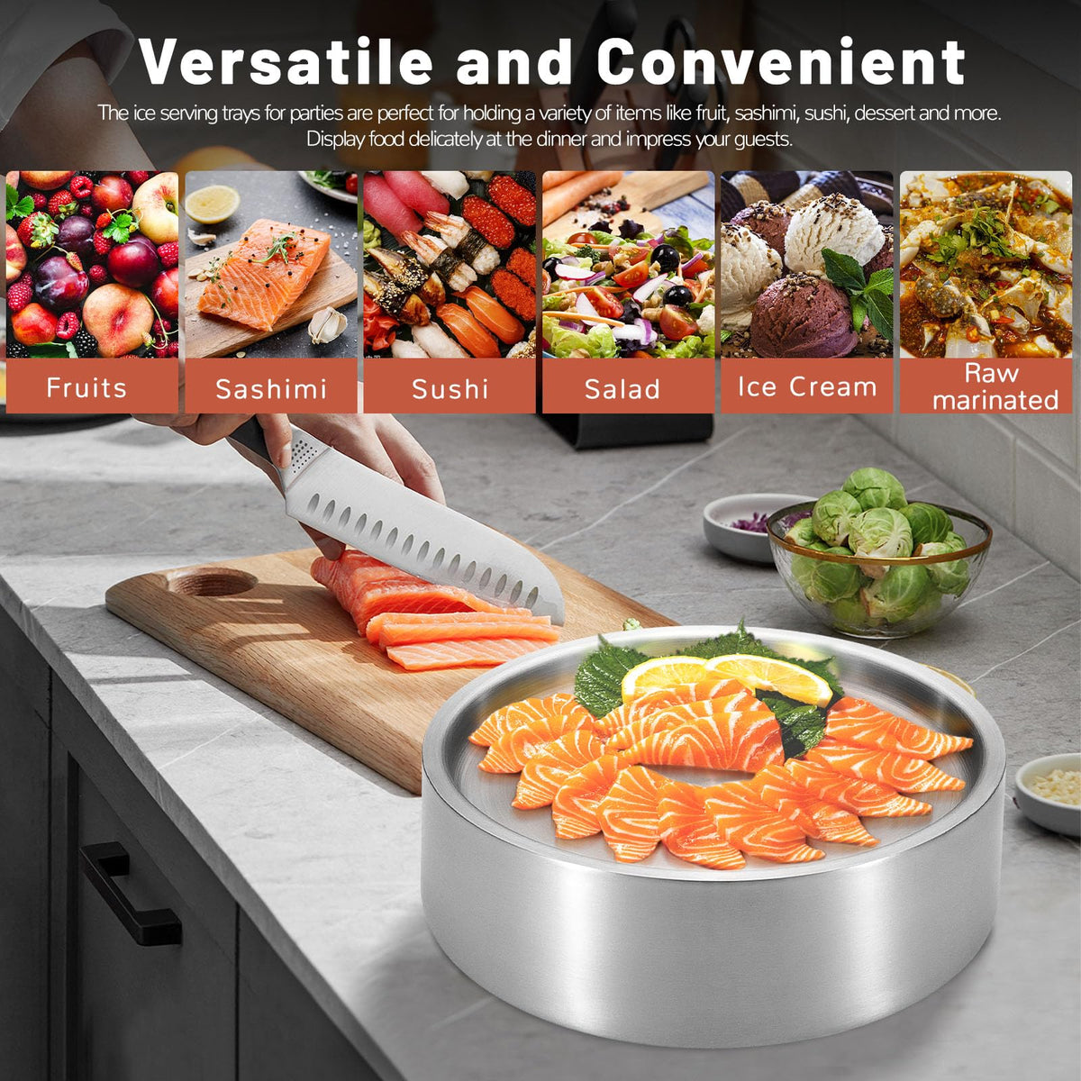 Stainless-Steel Chilled Serving Tray with Ice Chamber