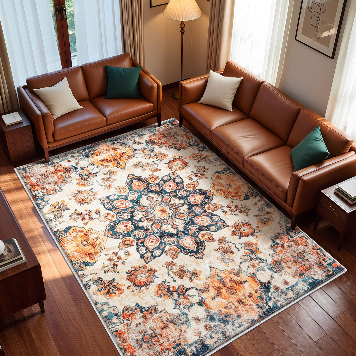 Caramel-Beige Vintage Washable Indoor Area Rug