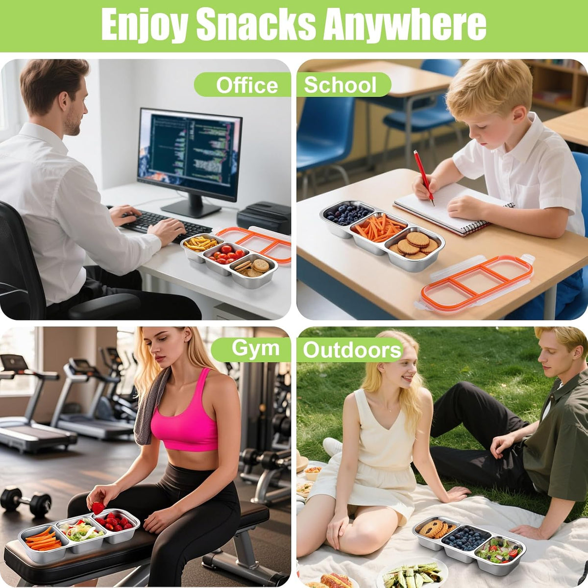 Stainless Steel Snack Containers, Reusable Condiment Box with Lids, 3 Compartment Sauce Cups, Divided Food Storage Containers for School, Home, Travel