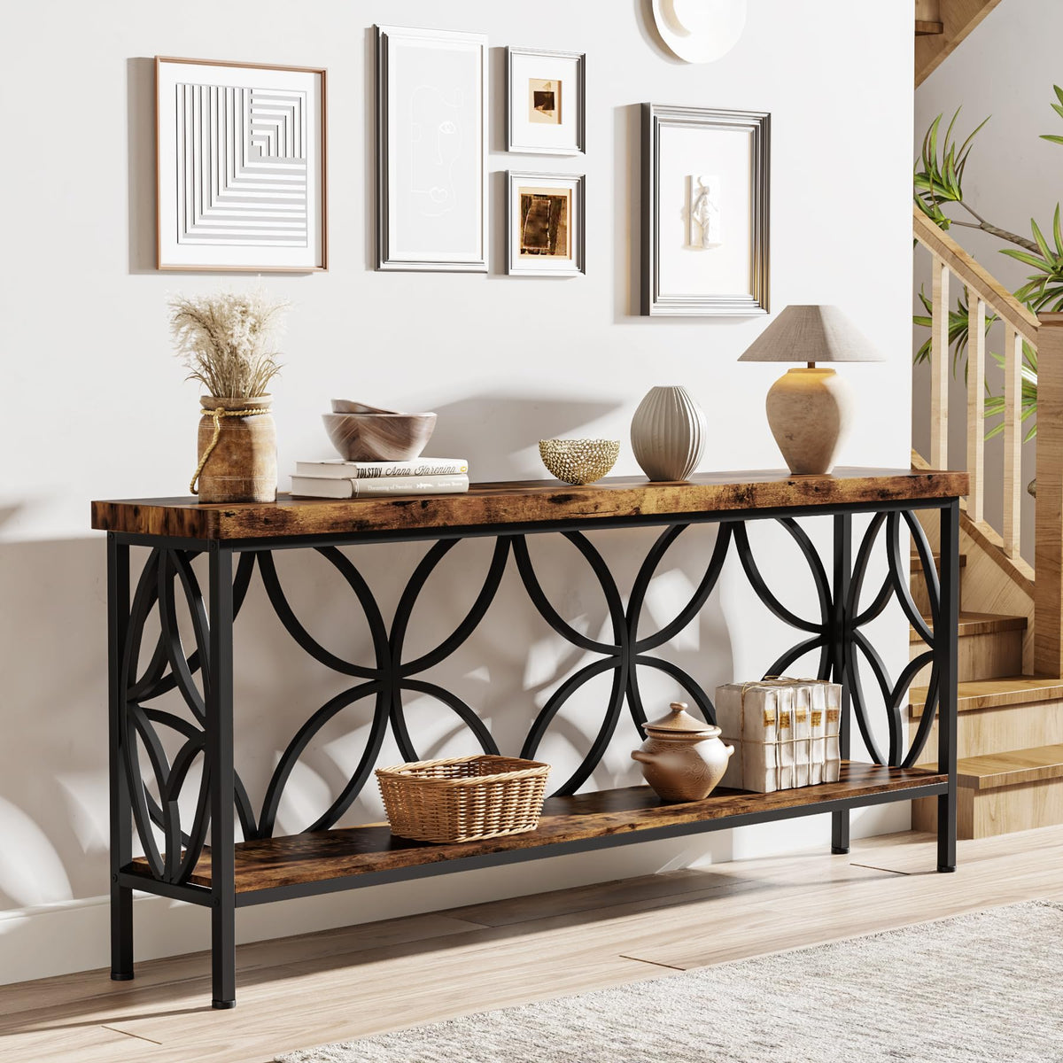 Narrow Sofa Table, Industrial Long Sofa Table Behind Couch, Entry Console Table with Storage for Entryway, Living Room, Foyer, Unique Design, Rustic Brown 70.9-Inch