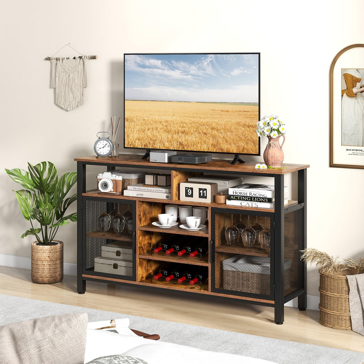 140 cm Rustic Wine Bar Cabinet with 8-Bottle Rack & Glass Holders