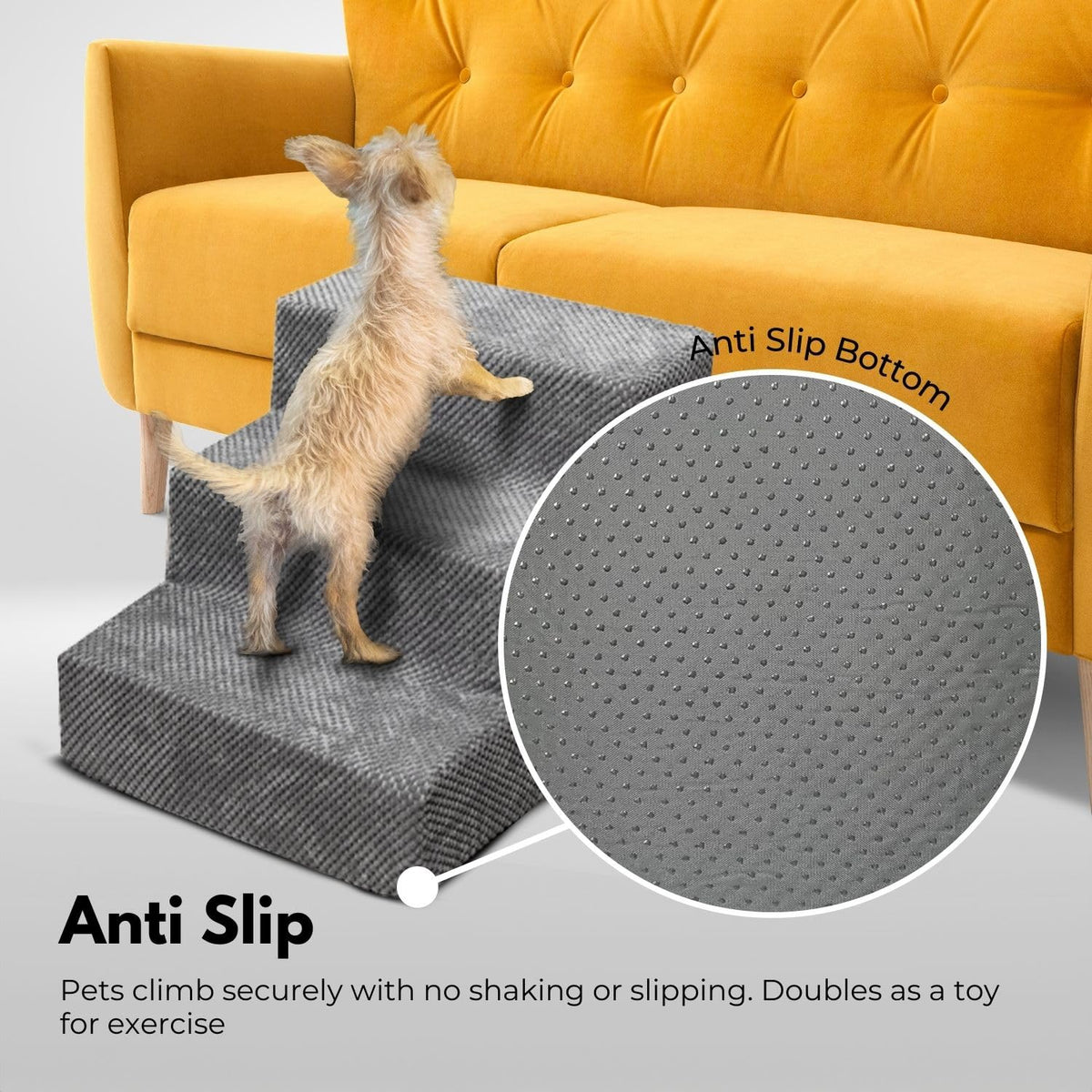 3-Step Grey Memory-Foam Pet Stairs with Washable Corduroy Cover