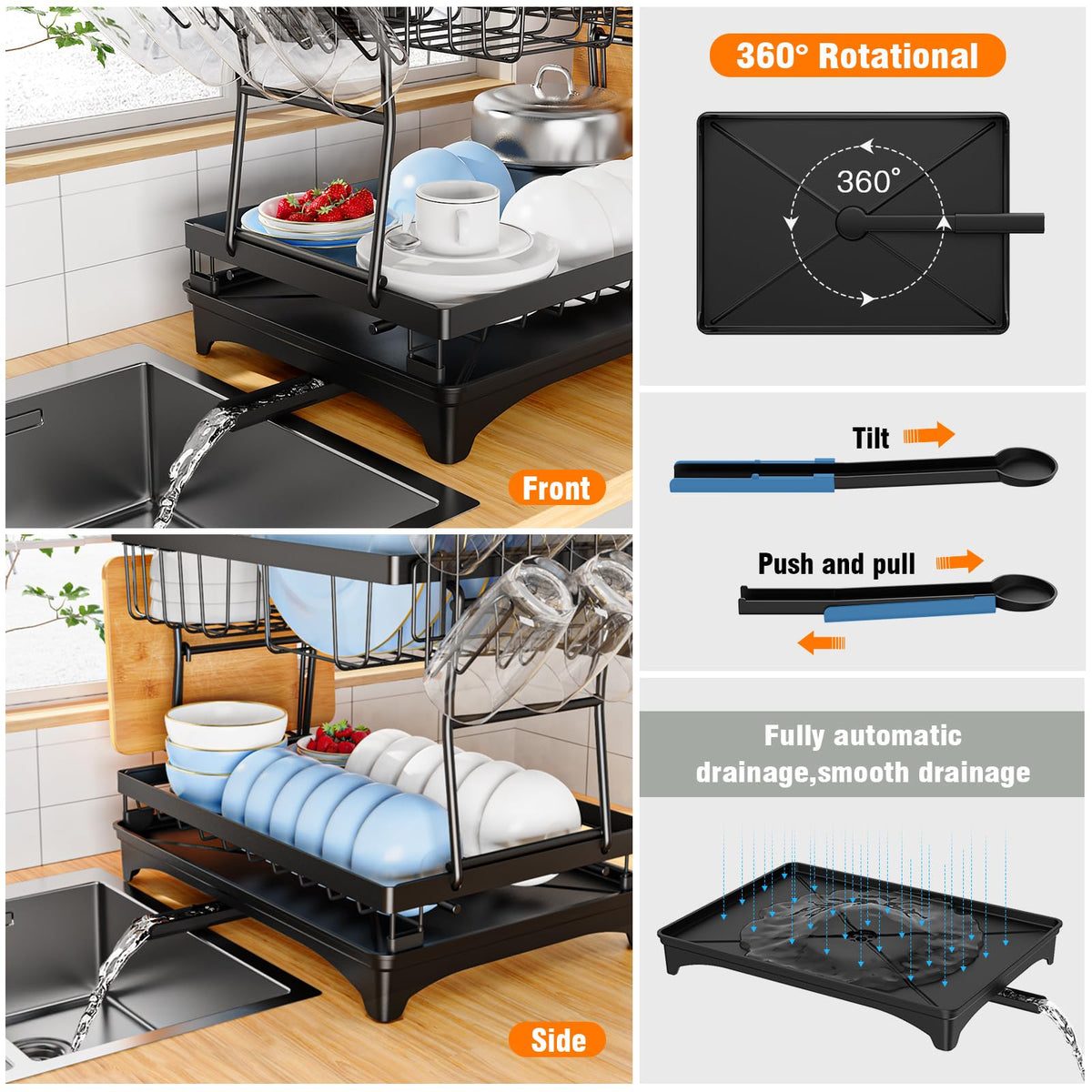 Large Black 2-Tier Dish Rack with Swivel Drain Spout