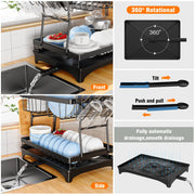 Large Black 2-Tier Dish Rack with Swivel Drain Spout
