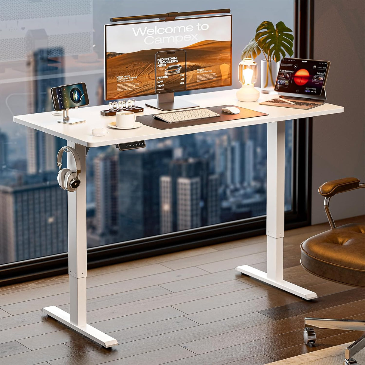 UMOMO 120 x 60cm Electric Standing Desk, Height Adjustable Sit Stand Desk with Splice Board, Workstation Computer Desk with Cable Management for Home Office (White Top White Frame)