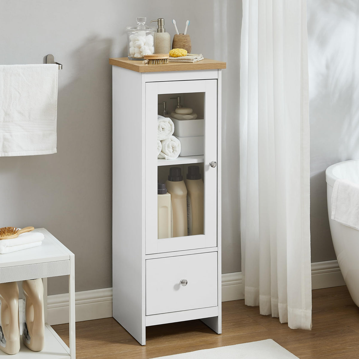 Tall Storage Cabinet Bathroom Kitchen Laundry Pantry Cupboard Shelves Glass Door White Small Bathroom Cabinet for Living Room, Kitchen, Office, White
