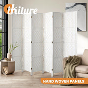 White 6-Panel Pine & Woven-Rattan Room Divider – 170cm