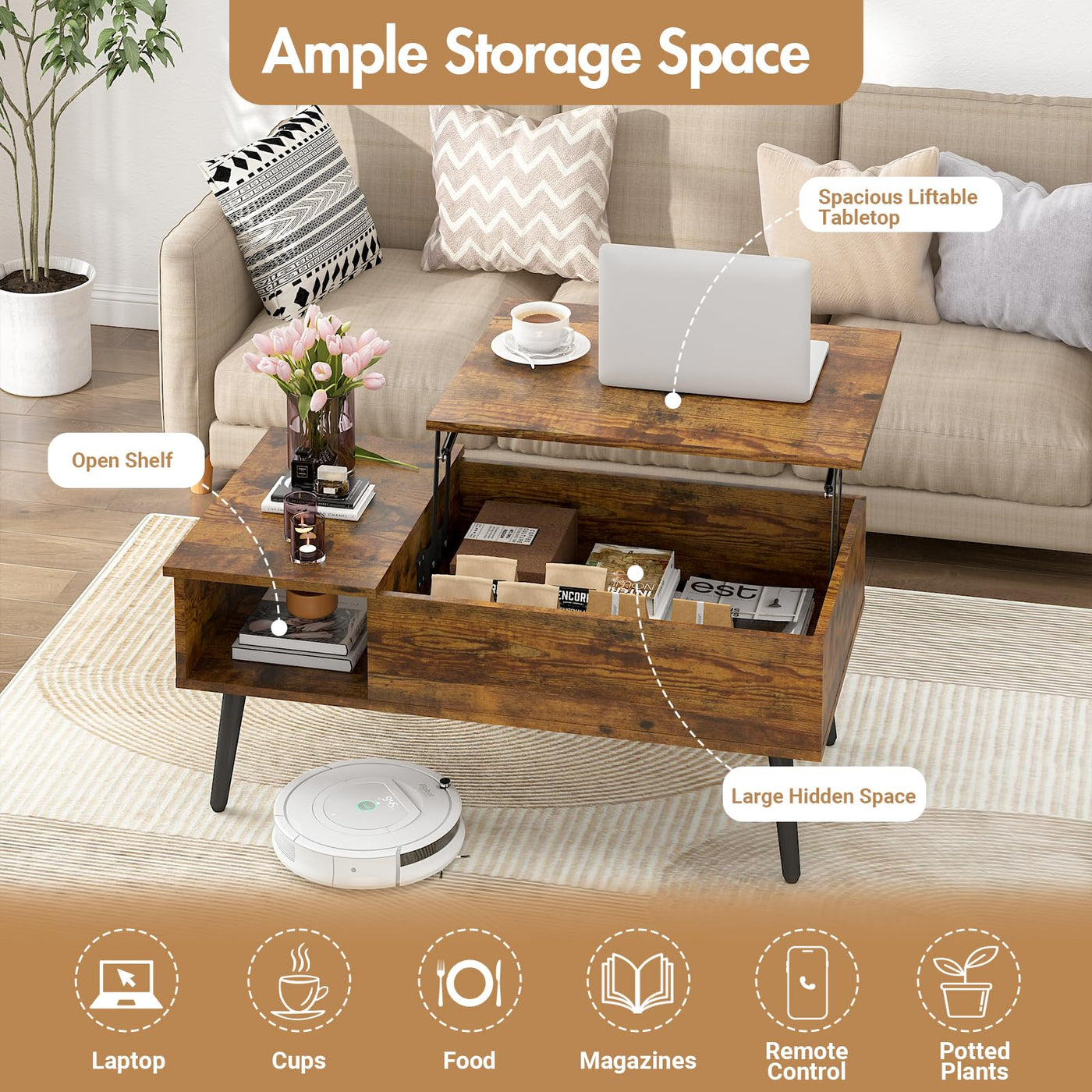 Walnut Lift-Top Coffee Table with Hidden Storage