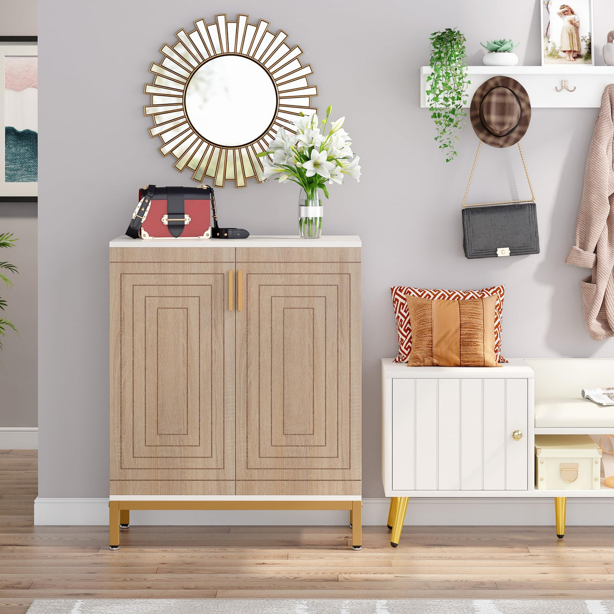 80 × 38 × 77 cm White Shoe Cabinet with 5 Shelves & 2 Doors