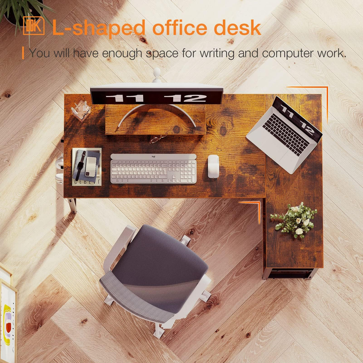 118 cm Rustic-Brown L-Shaped Desk with Shelves & Monitor Stand