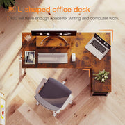 118 cm Rustic-Brown L-Shaped Desk with Shelves & Monitor Stand