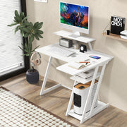 L-Shaped Gaming Desk with Outlets & USB Ports, Small Computer Desk with Monitor Shelf, Headphone Hook, Storage Shelf & Host Stand, Corner Gamer Desk with Carbon Fiber Texture