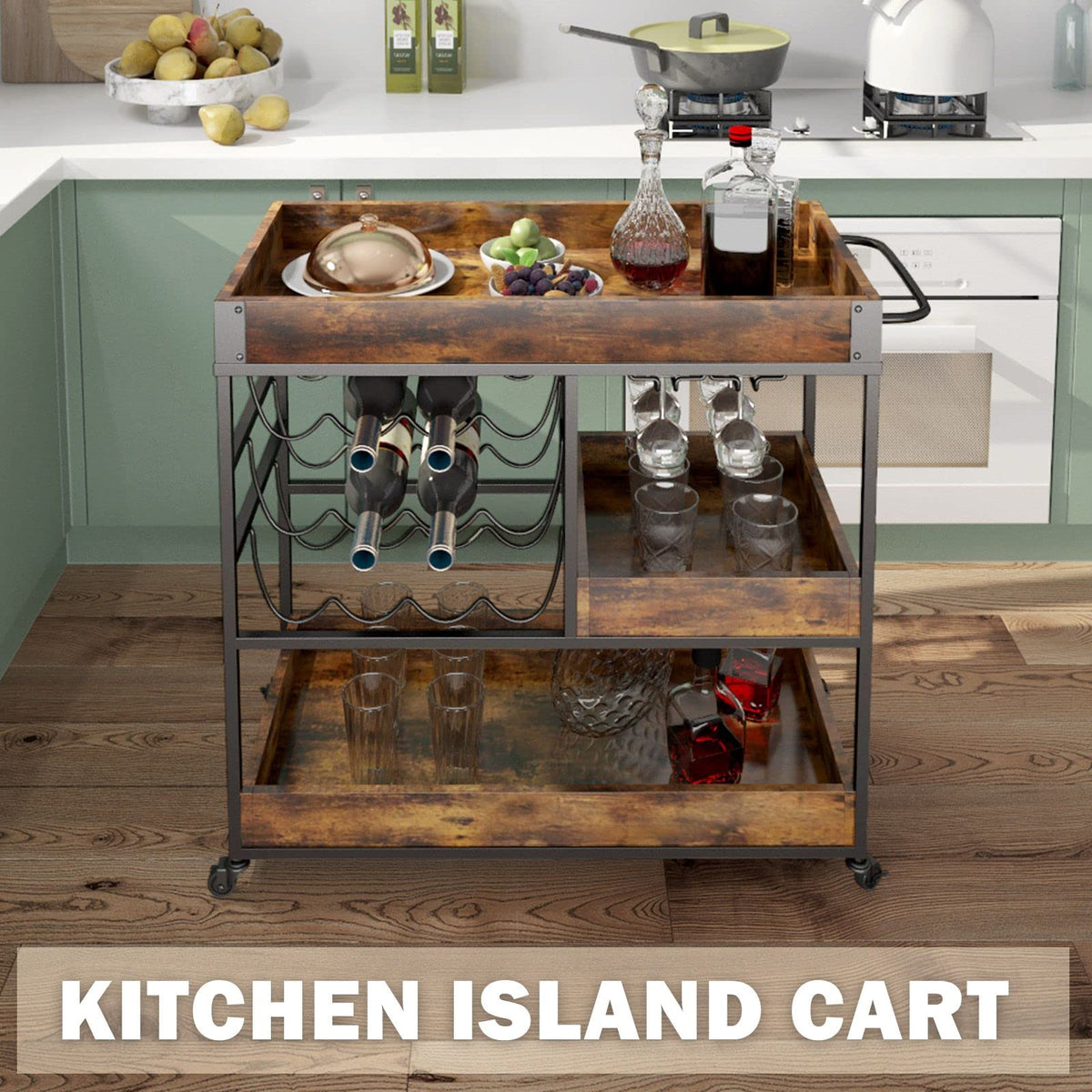 3-Tier Rustic Bar Cart with Wine & Glass Racks