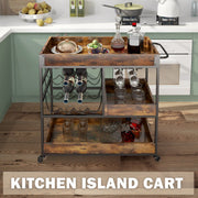 3-Tier Rustic Bar Cart with Wine & Glass Racks
