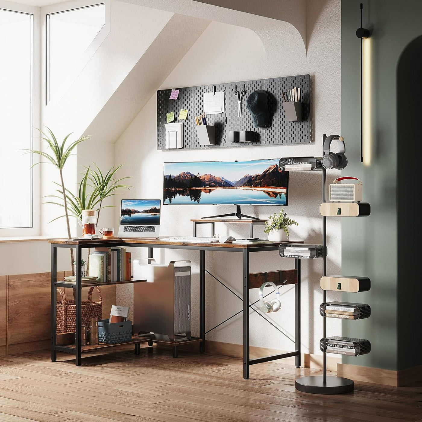 Reversible L-Shaped Desk with Shelves & Monitor Stand