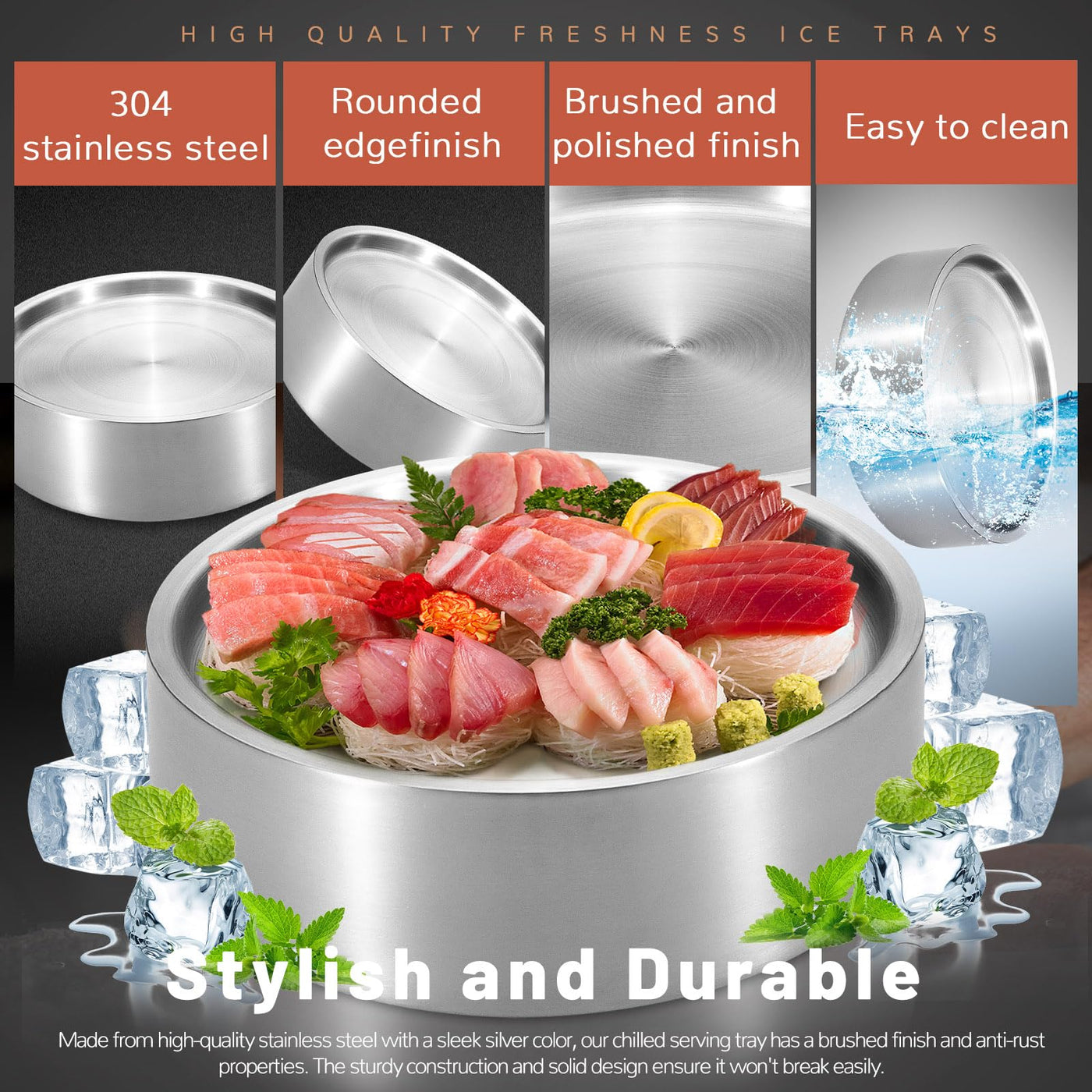 Stainless-Steel Chilled Serving Tray with Ice Chamber