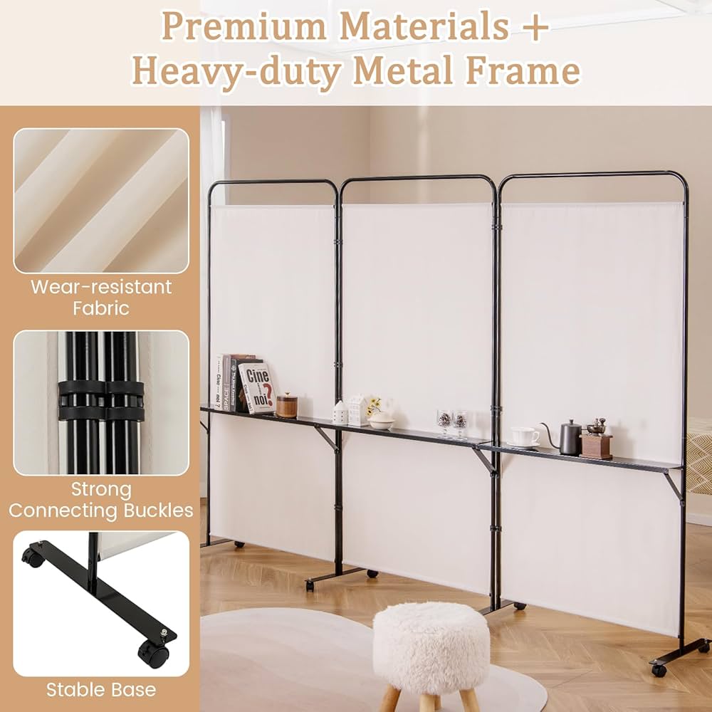 188cm Rolling 3-Panel Room Divider with 3 Shelves – 3 Colours