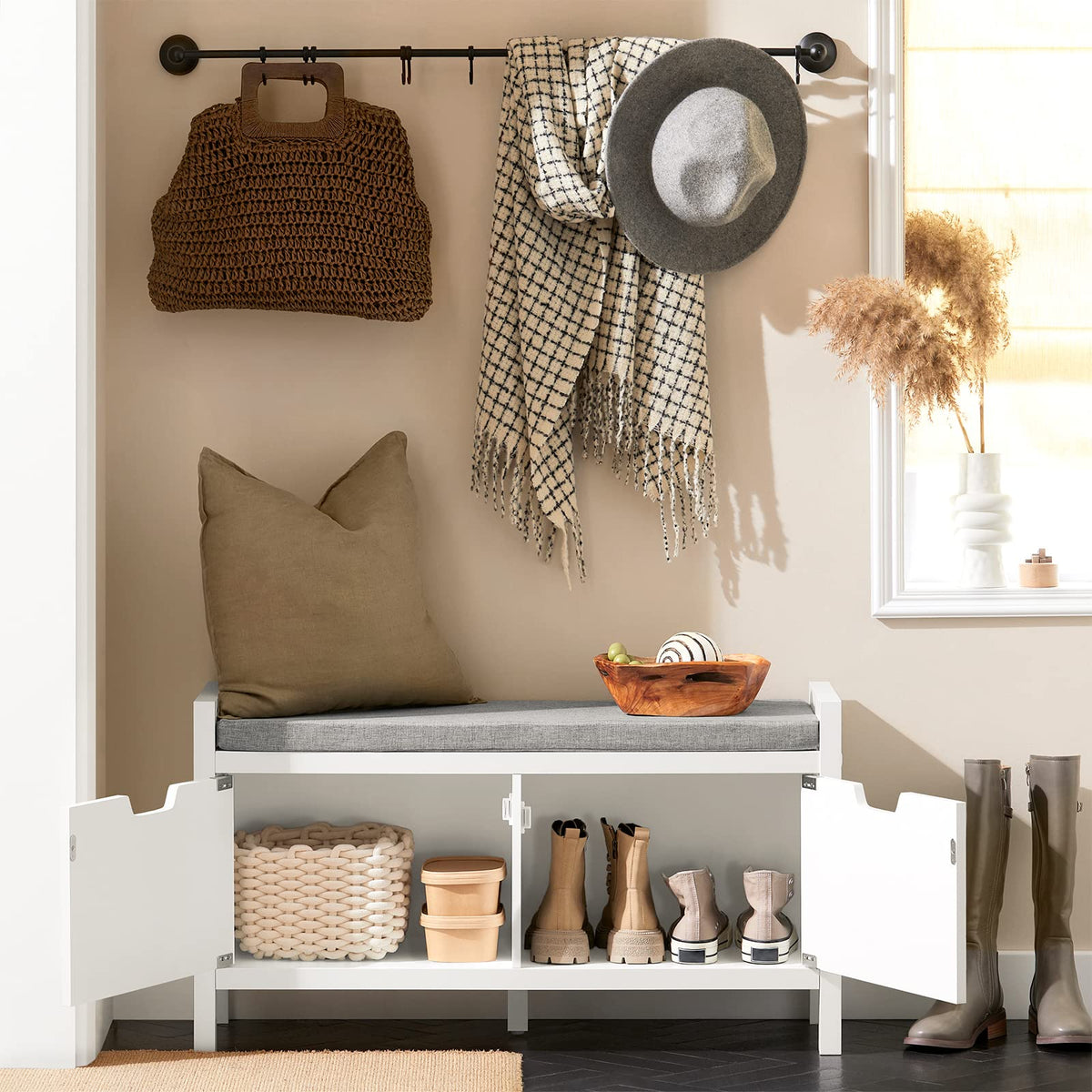 91 cm White Shoe Storage Bench with Removable Cushion