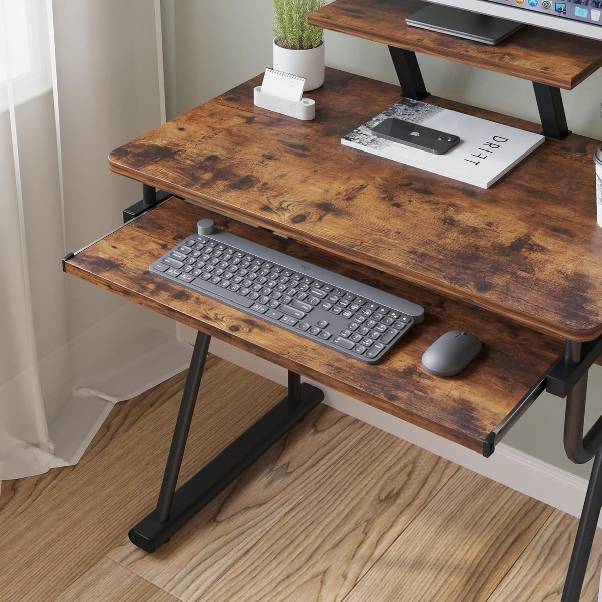 Rustic Computer Desk with Monitor Stand & Adjustable Storage