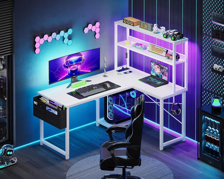 ODK L Shaped Gaming Desk with LED Lights & Power Outlet,Reversible Computer Desk with Adjustable Shelves, Corner Desk with Storage Bag & Headphone Hook for Home Office,Gaming,115 * 80 * 75.6cm,White