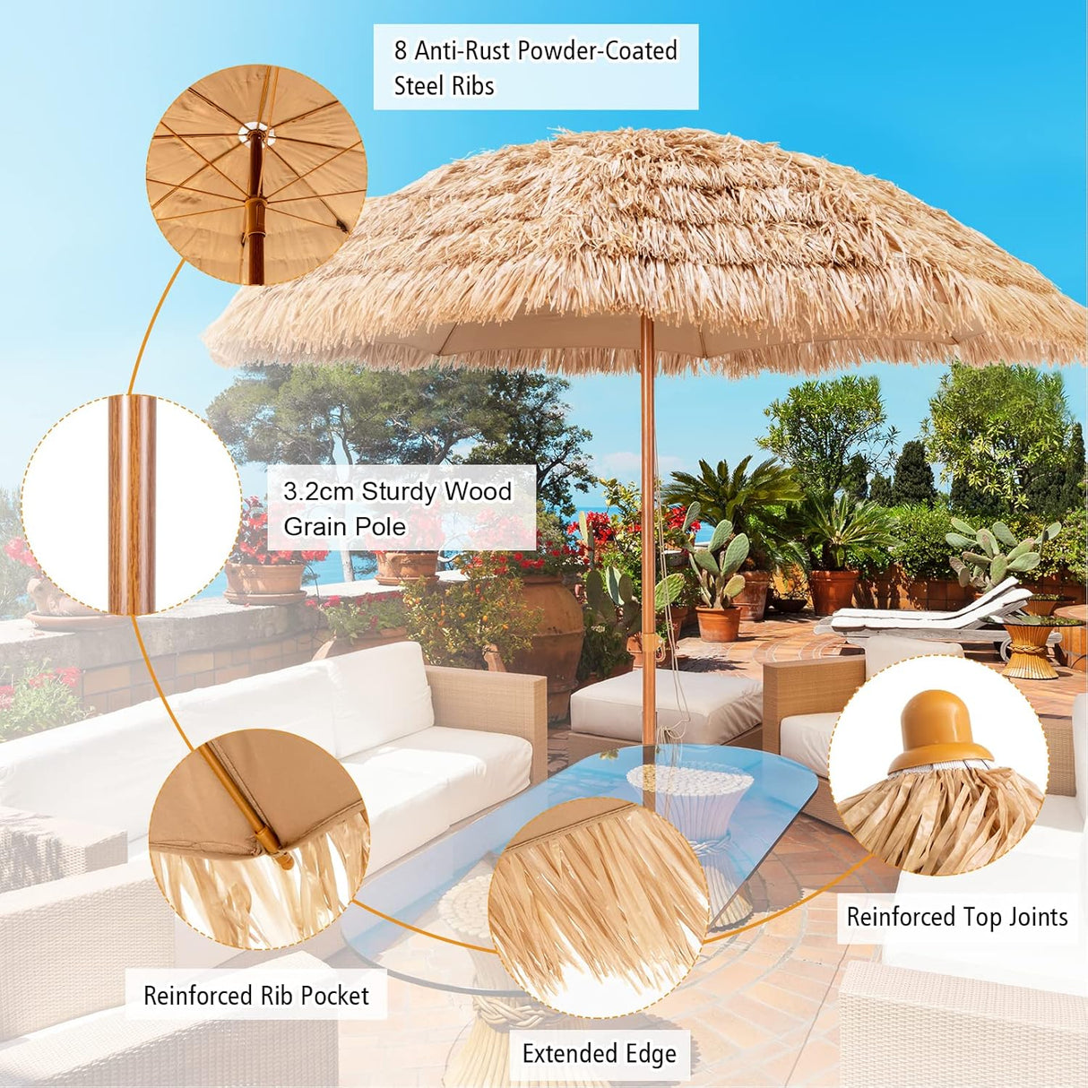 Costway 8 FT Thatched Tiki Umbrella, Hawaiian Style Outdoor Hula Umbrella w/8 Metal Ribs, 7-Tier Straw Top, Press Button, Portable Palapa Tropical Umbrella for Beach, Yard, Poolside, Natural …