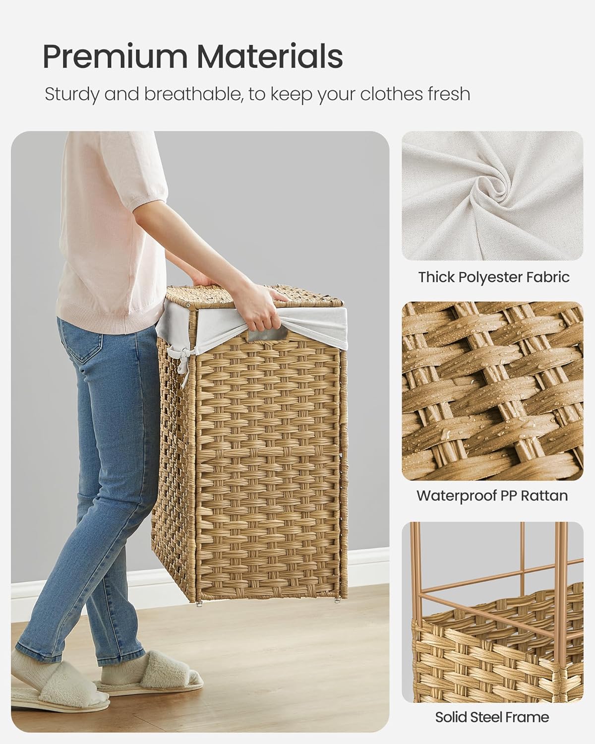 160 L Rolling 3-Section Laundry Hamper with Lid