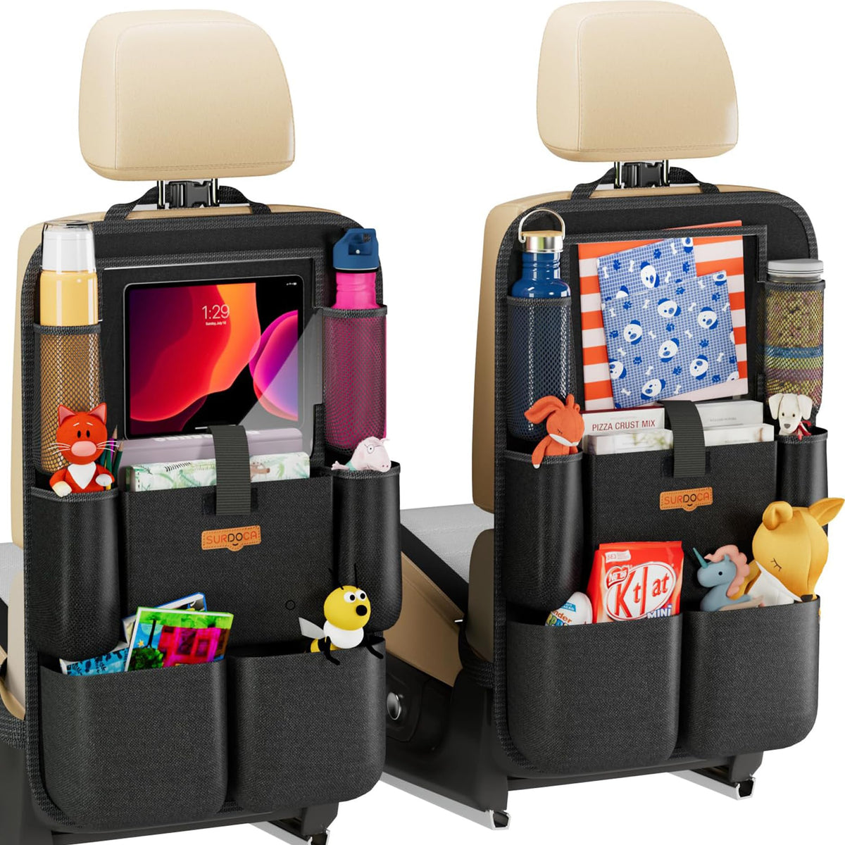 2-Pack Black Car-Seat Organisers with 11-Inch Tablet Holders