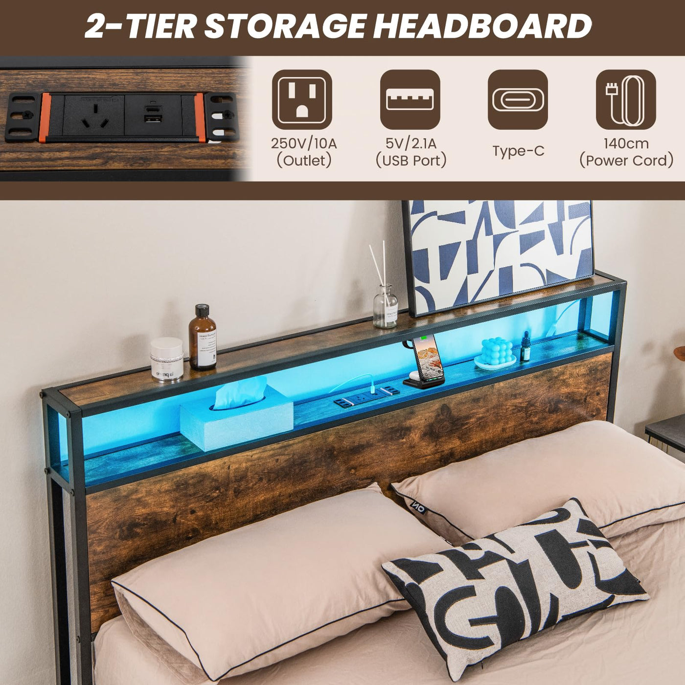 Queen Metal Platform Bed with RGB Headboard, Charging & 4 Drawers