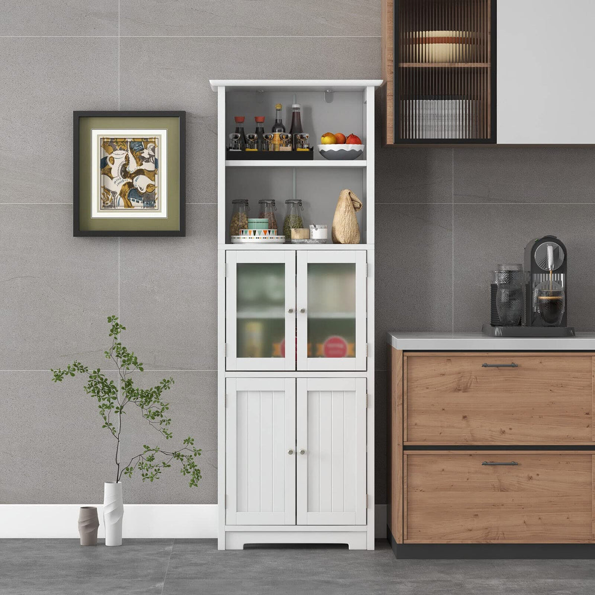 White Tall Pantry Cabinet with Glass Doors & Adjustable Shelves
