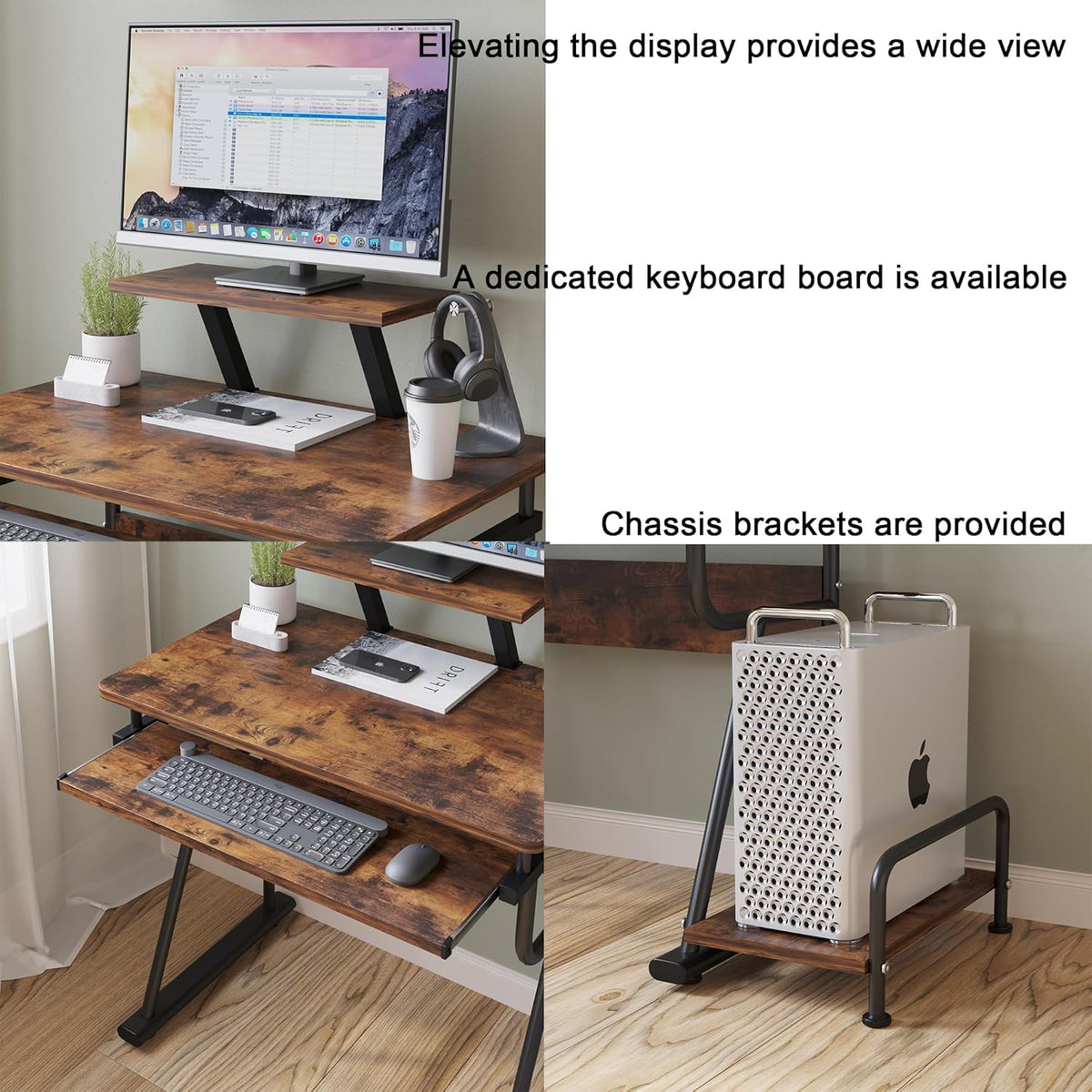 Rustic Computer Desk with Monitor Stand & Adjustable Storage