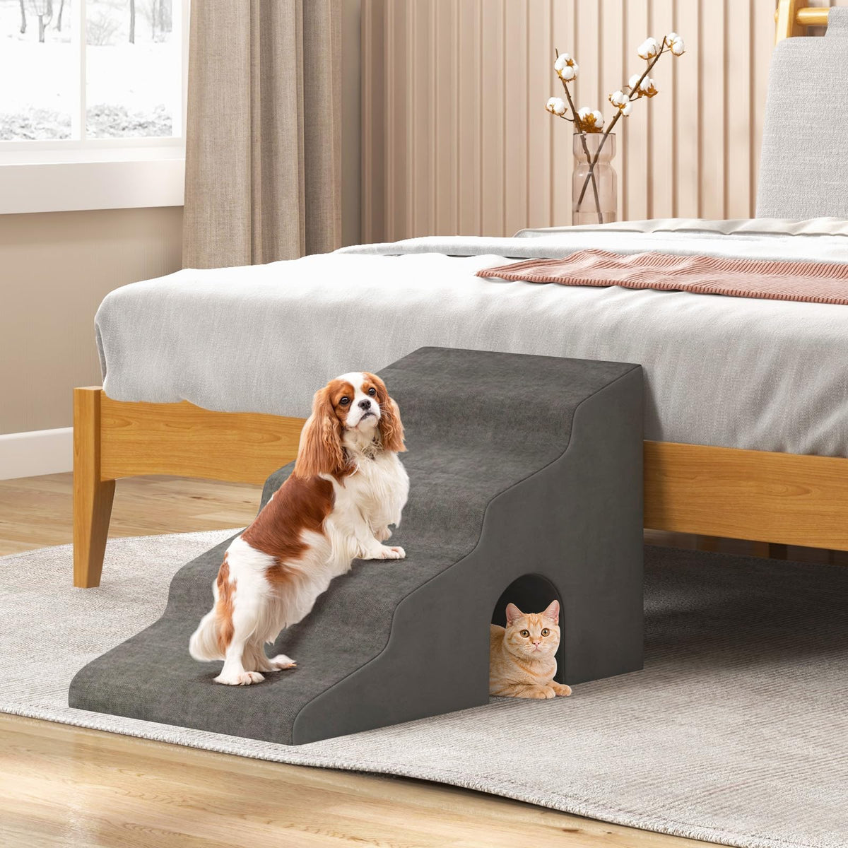 4-Tier Extra-Wide Grey Foam Pet Stairs with Washable Cover