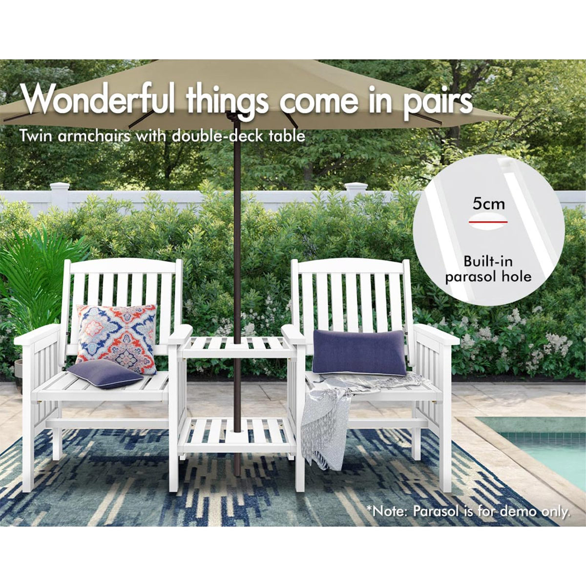 White Fir-Wood Twin Chair & Centre Table Set