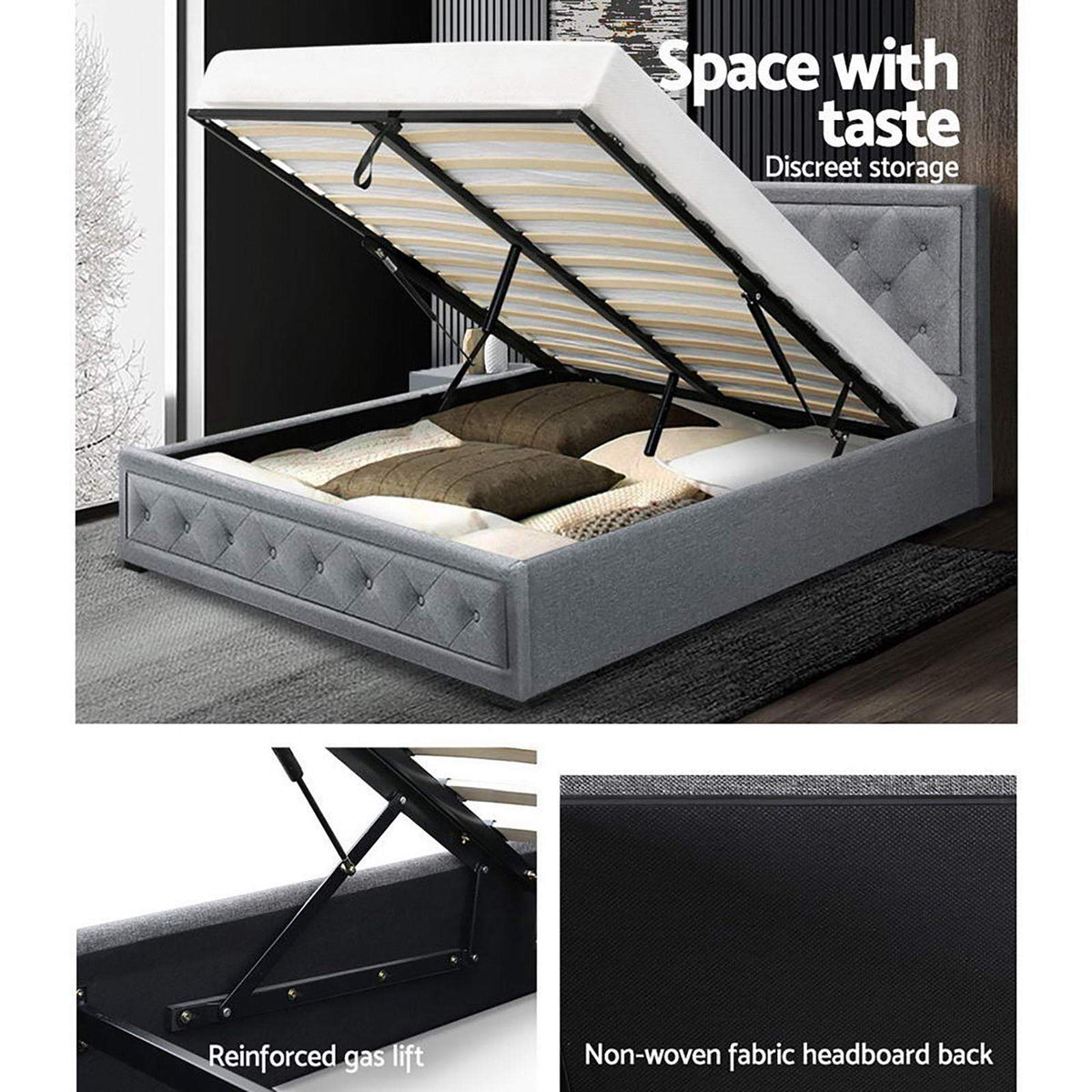 Grey Upholstered Double Gas-Lift Storage Bed with Tufted Headboard