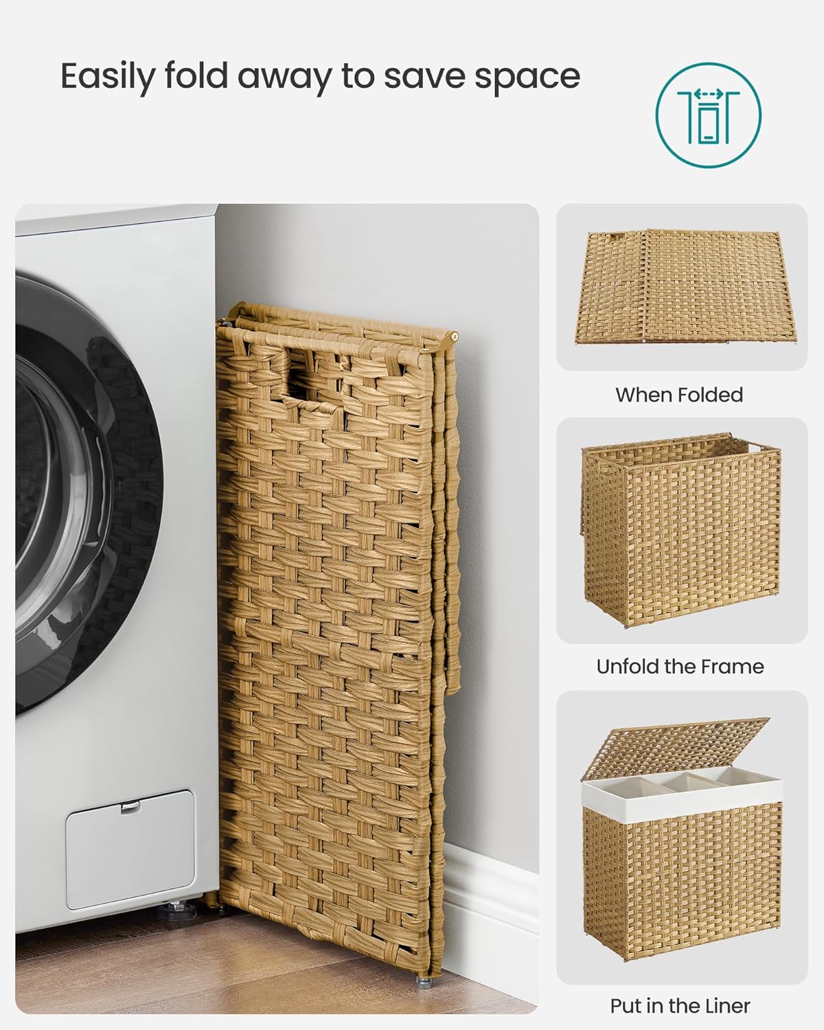 SONGMICS Laundry Hamper with Lid, 42.3 Gallons (160 L), Rolling Laundry Basket with Wheels, 3-Section Synthetic Rattan, Removable Liner, Bedroom, 27.6 x 14.2 x 26 Inches, Natural ULCB365N01