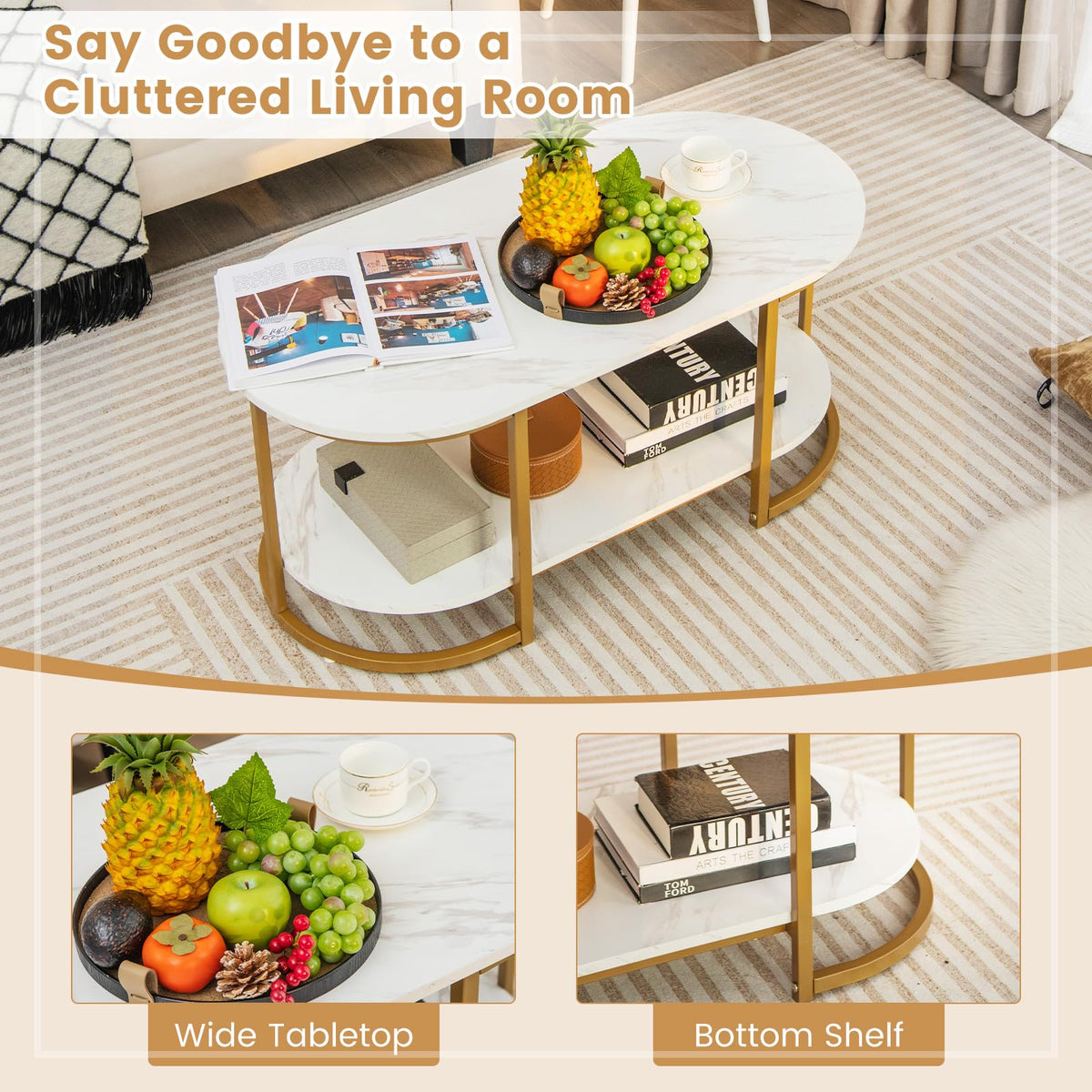 2-Tier Oval Faux-Marble Coffee Table – White & Gold