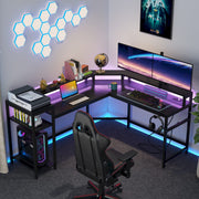 L-Shaped Gaming Desk with Power Outlets & LED Strips, L-Shaped Computer Desk with Storage Shelves, Corner Gaming Desk with Monitor Stand, Black Modern Writing Desk Home Office, Game Room