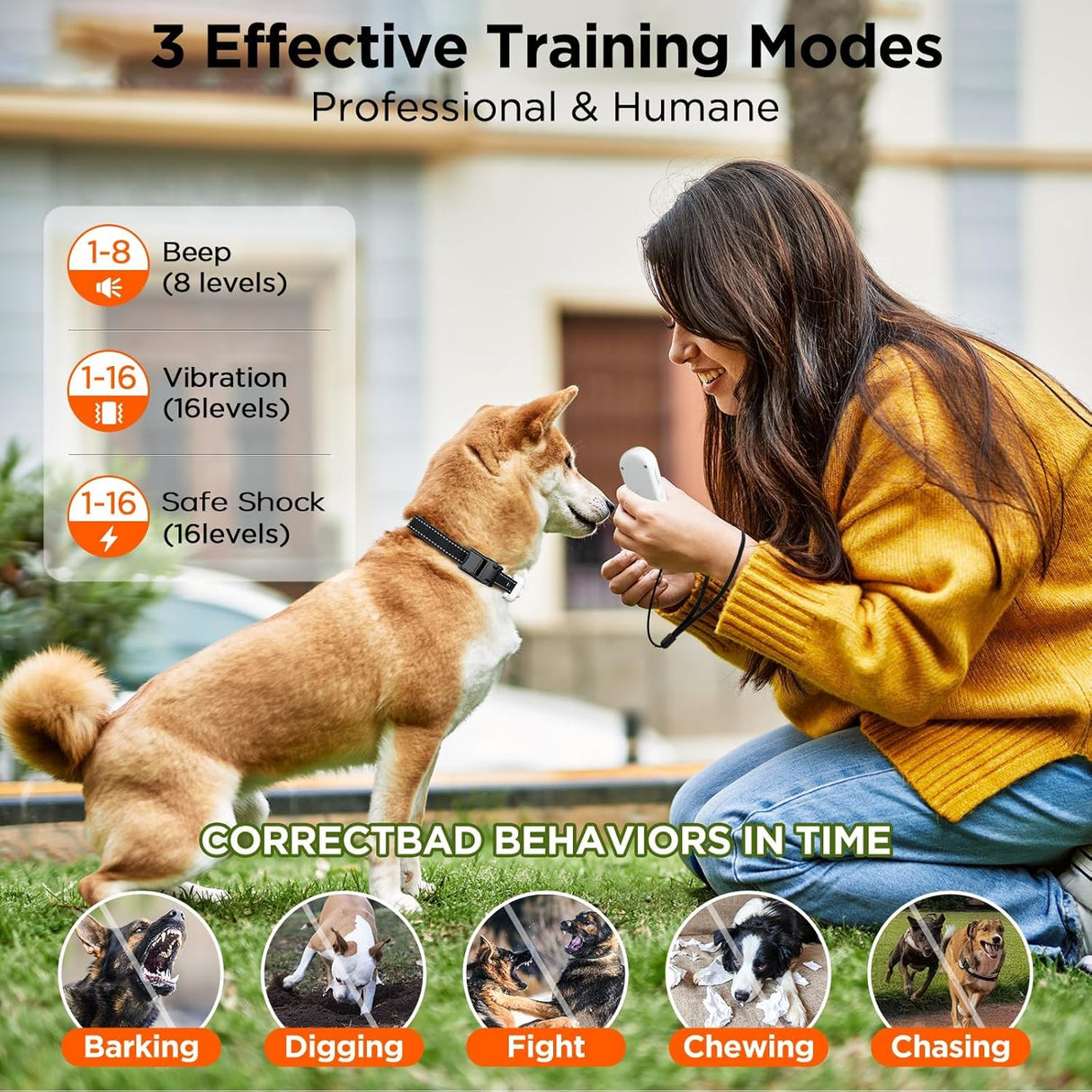 Dog Training Collar, 3300ft Dog Shock Collar with Remote, IPX7 Waterproof Rechargeable Shock Collar for Small, Medium, Large Dogs with Beep, Vibration, Safety Shock, Light Mode, 8-120 lbs
