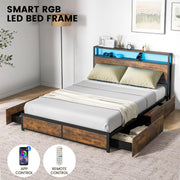 Queen Metal Platform Bed with RGB Headboard, Charging & 4 Drawers